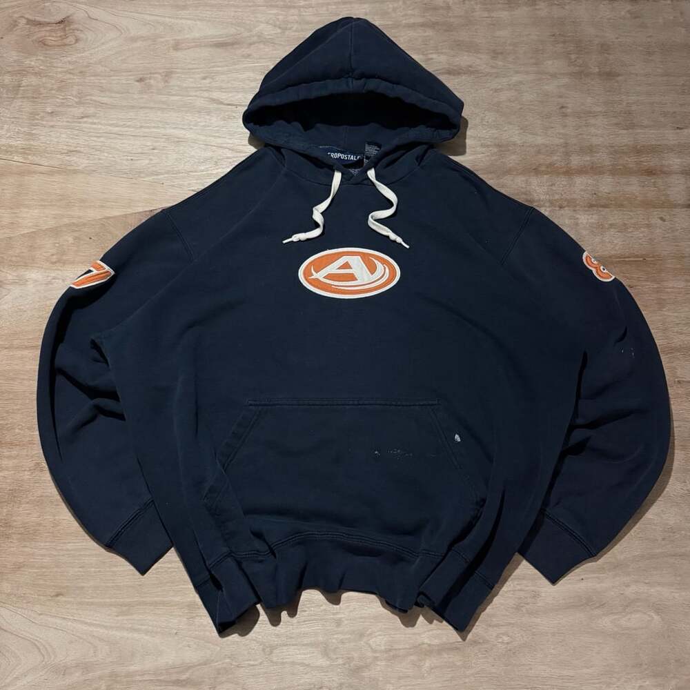 Vintage Y2K Aeropostale A Logo Patch Hoodie Navy Blue Varsity Pullover L
